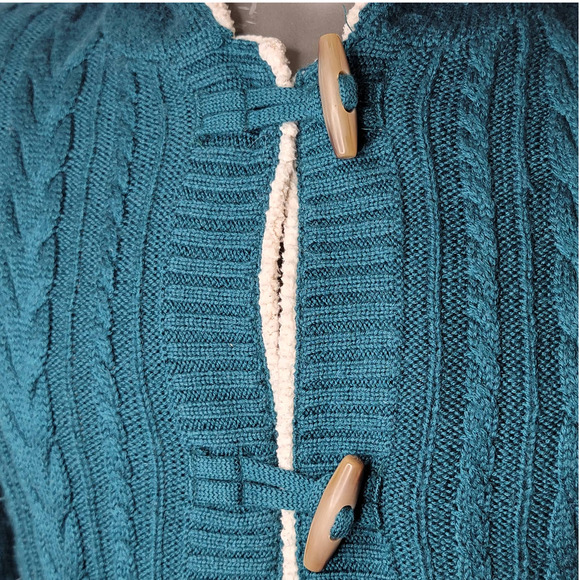 LL Bean Cardigan Womens Wool Blend Cable Knit Sweater Loop Closure Green Medium - Picture 3 of 10